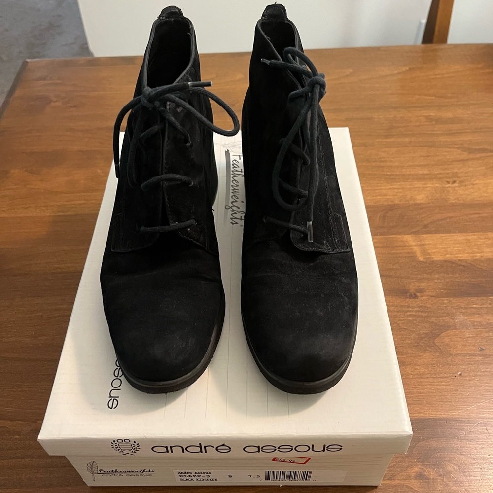 Andre Assous Black KidSuede Lace Ankle Boots. Size 7.5